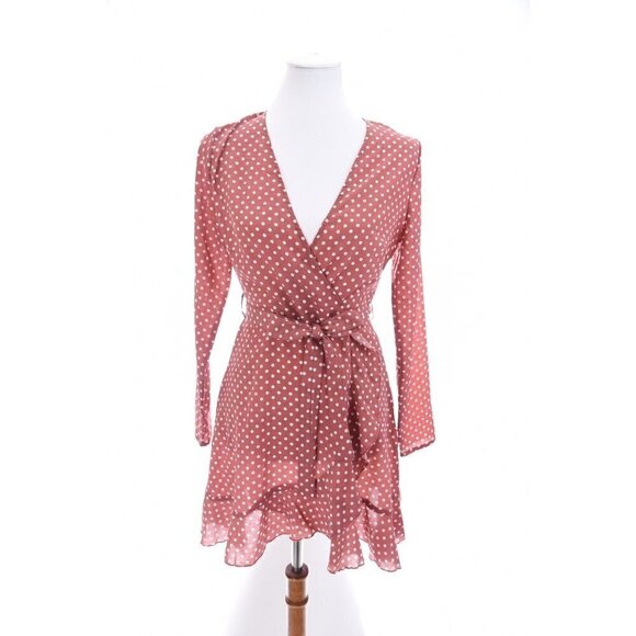 NWT Missguided Sz 2 Wrap Front Ruffled Dot Tea Dress Belt Silky Pink Brown xs - Picture 5 of 12